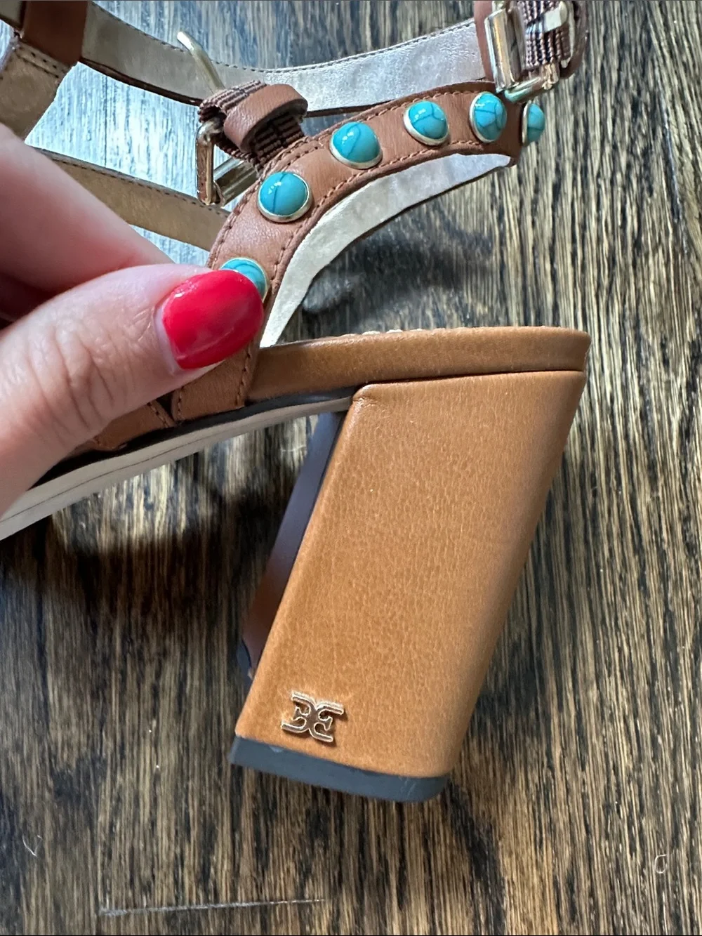 Sam Edelman Tan Leather Studded Turquoise Strap Sandals, size 9